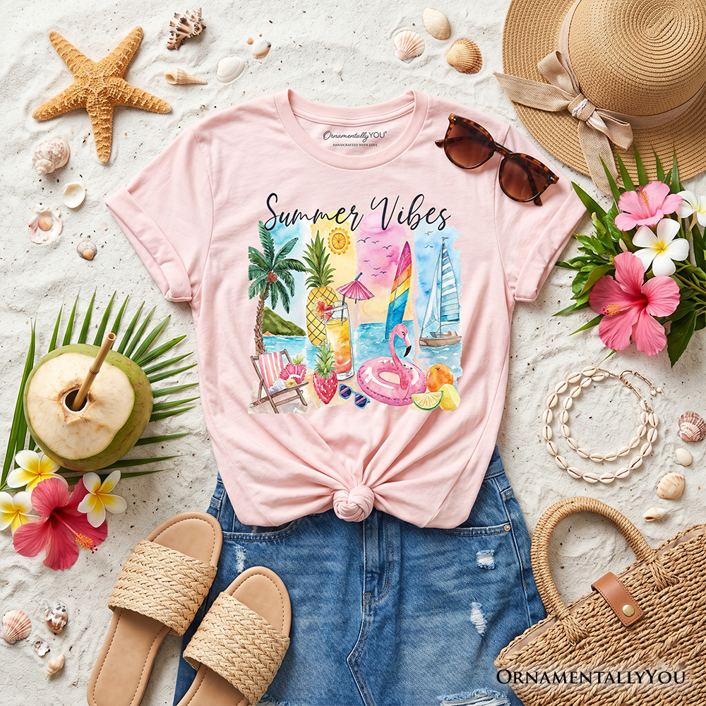 Kids Colorful Summer Vacation Beach T-Shirt in White and Pink