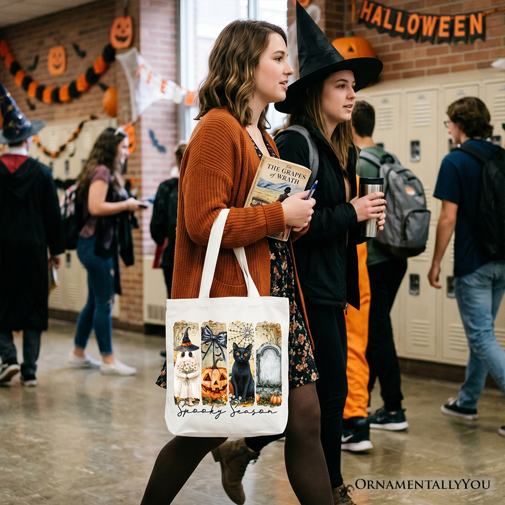 Fall Spooky Season Ghost Cat Tote Bag - Vintage Coquette Gift