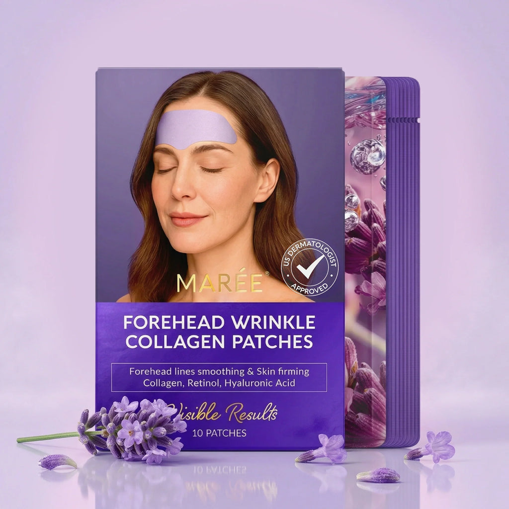 Model wearing a purple collagen forehead wrinkle patch, package of 10 patches displayed with lavender flowers