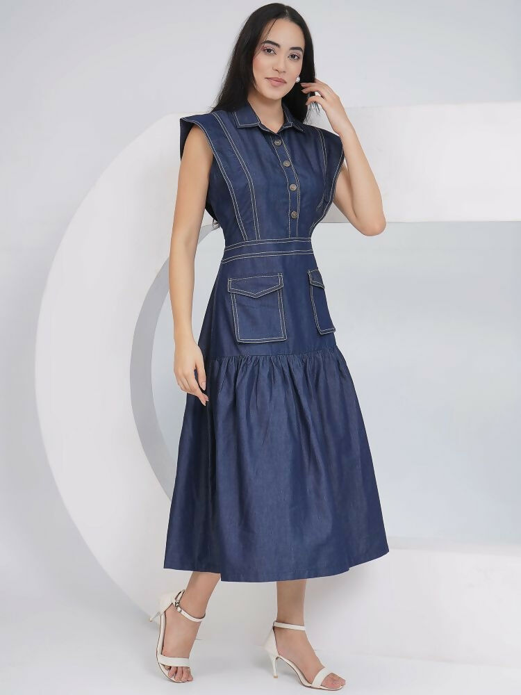 Blue Denim Midi Dress with Sleeveless A-Line Silhouette