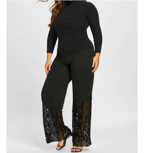 Women's Casual Wide Leg Pants with Lace Hem Detail - Image 3