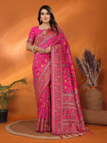 Pink silk blend pashmina saree with detailed Meena weaves and matching unstitched blouse