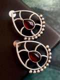 Maroon Monalisa stone stud earrings in a polished silver replica setting.