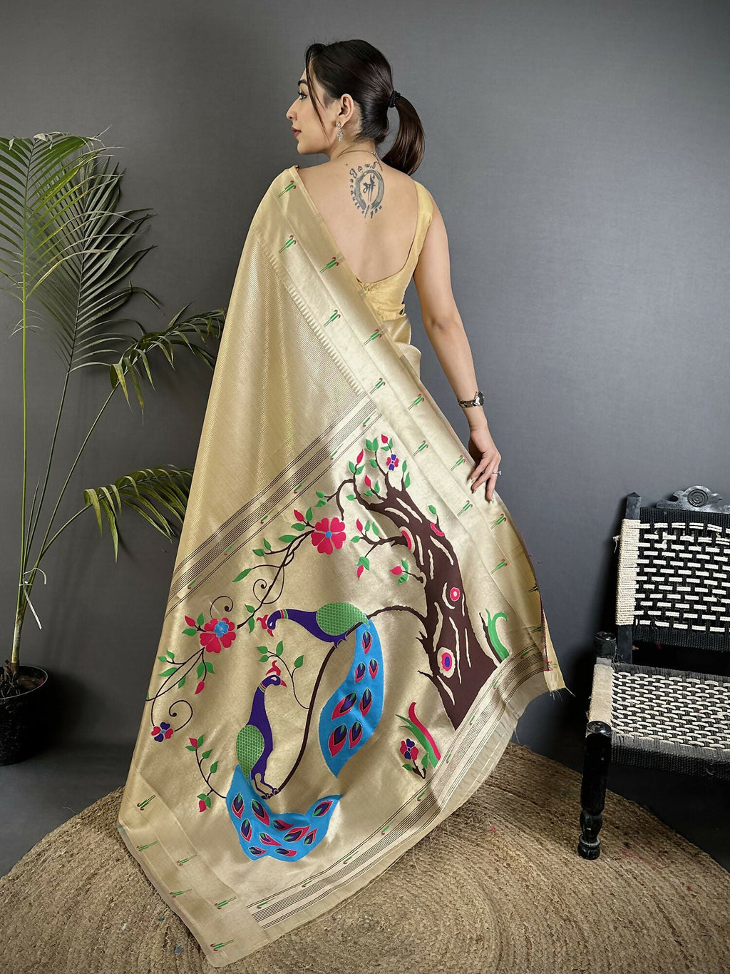 Ivory Tissue Paithani Saree with Peacock and Floral Motifs