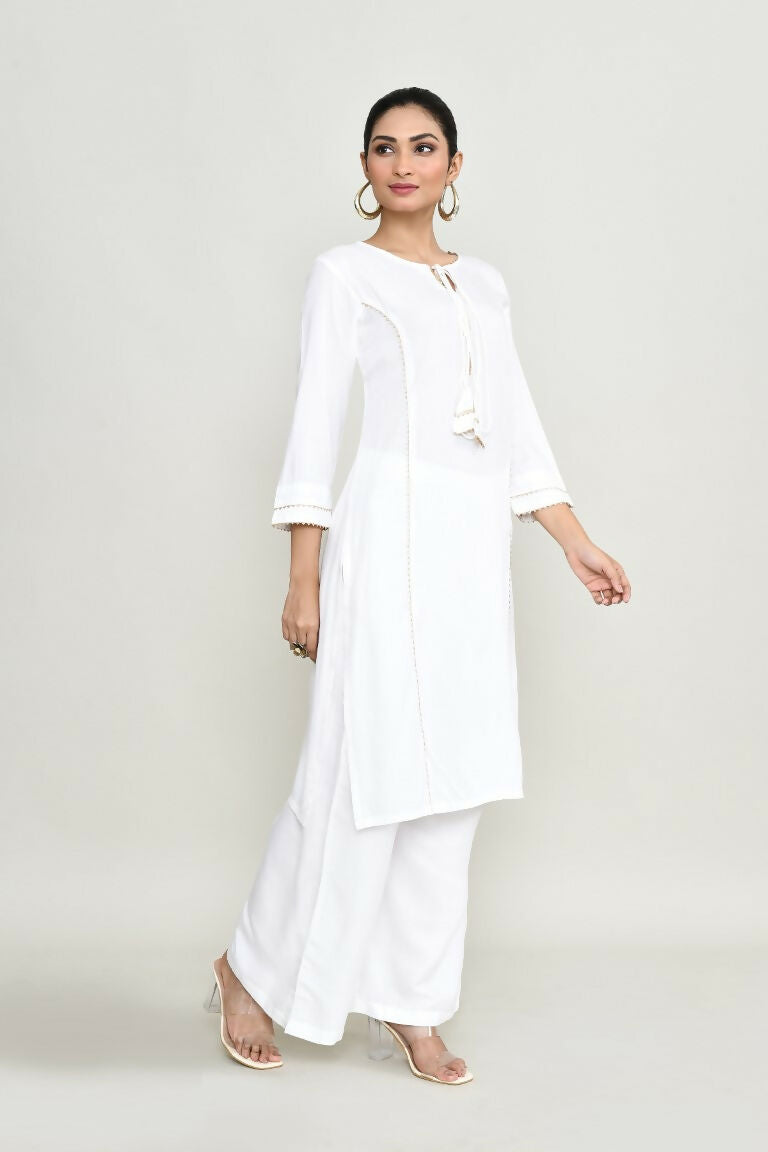 Women's White Rayon Kurta Set with Embroidery and Palazzo Pants