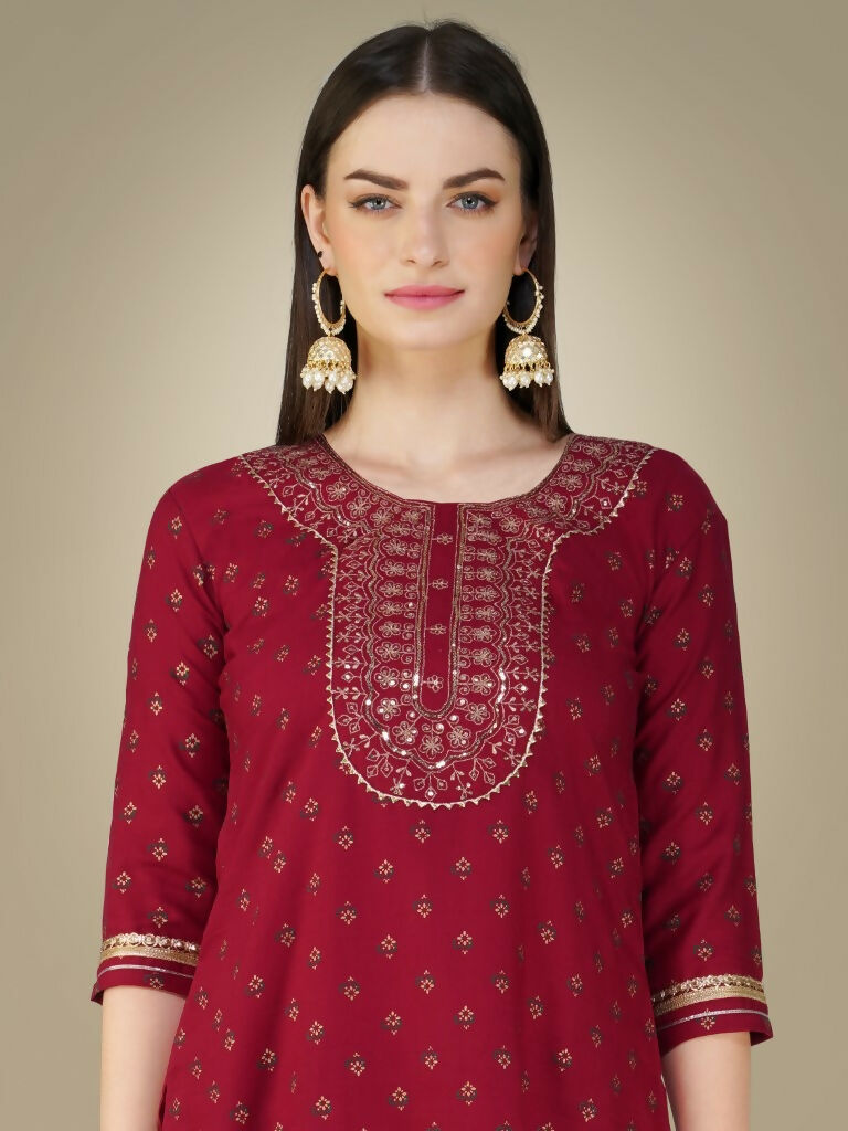 Women's Maroon Cotton Magic Slub Kurta Set with Embroidery & Sequence