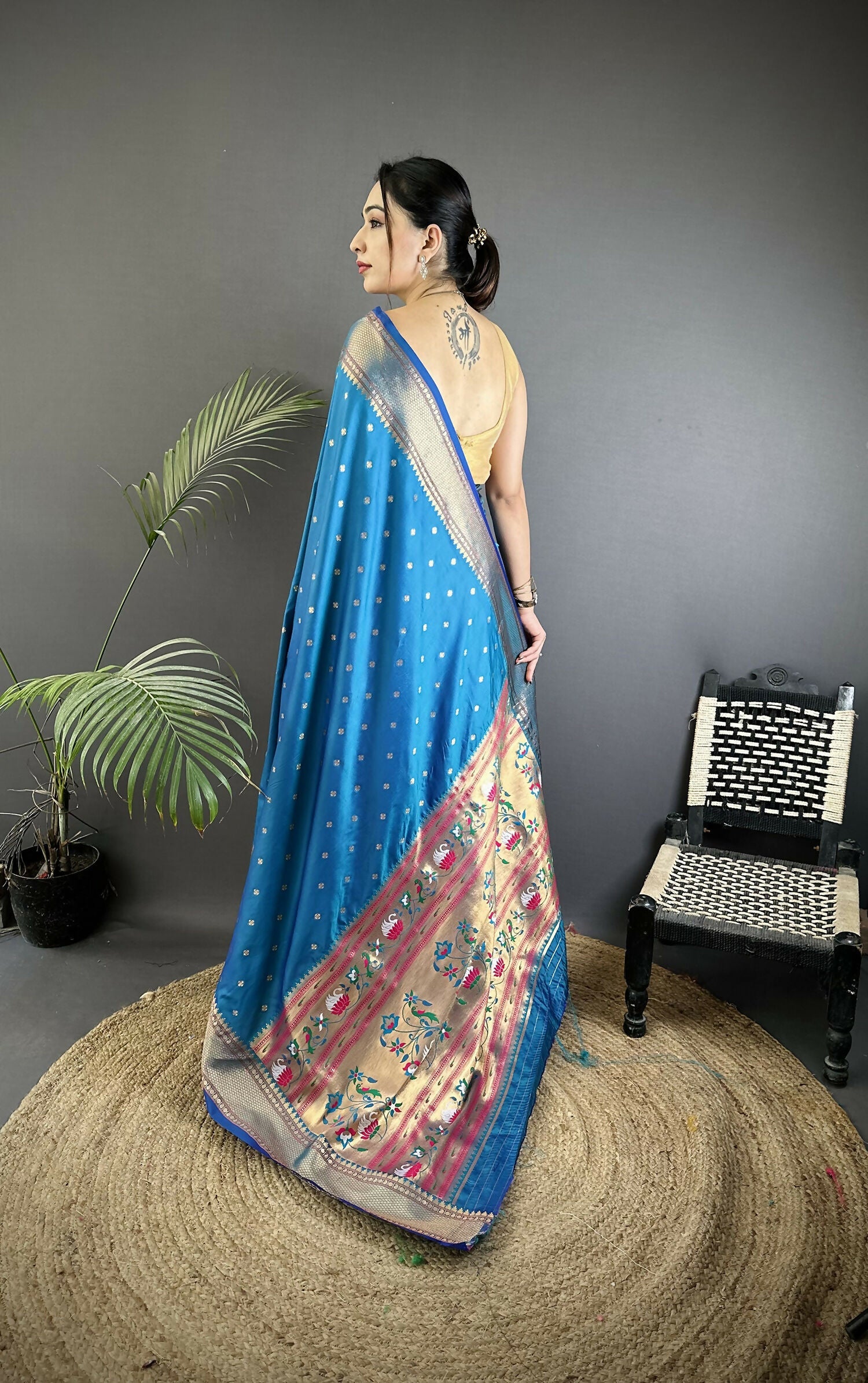 Blue Butti Woven Soft Lichi Silk Paithani Saree with Blouse