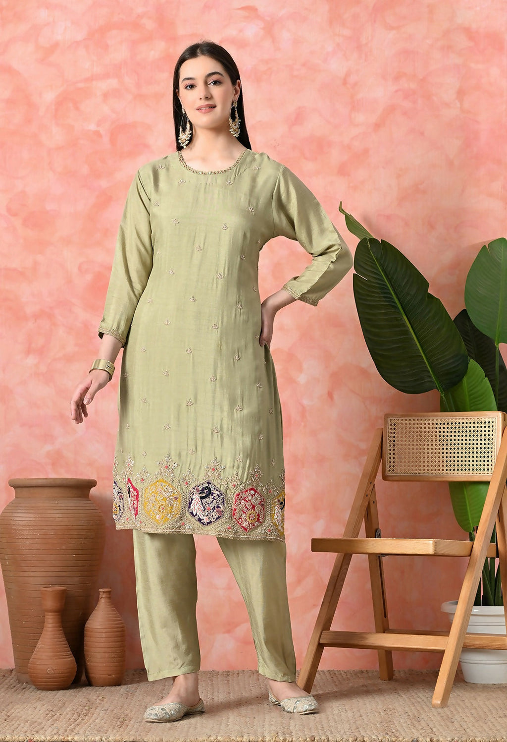 Light Green Pure Viscose Dola Kurta Set with Handwork and Organza