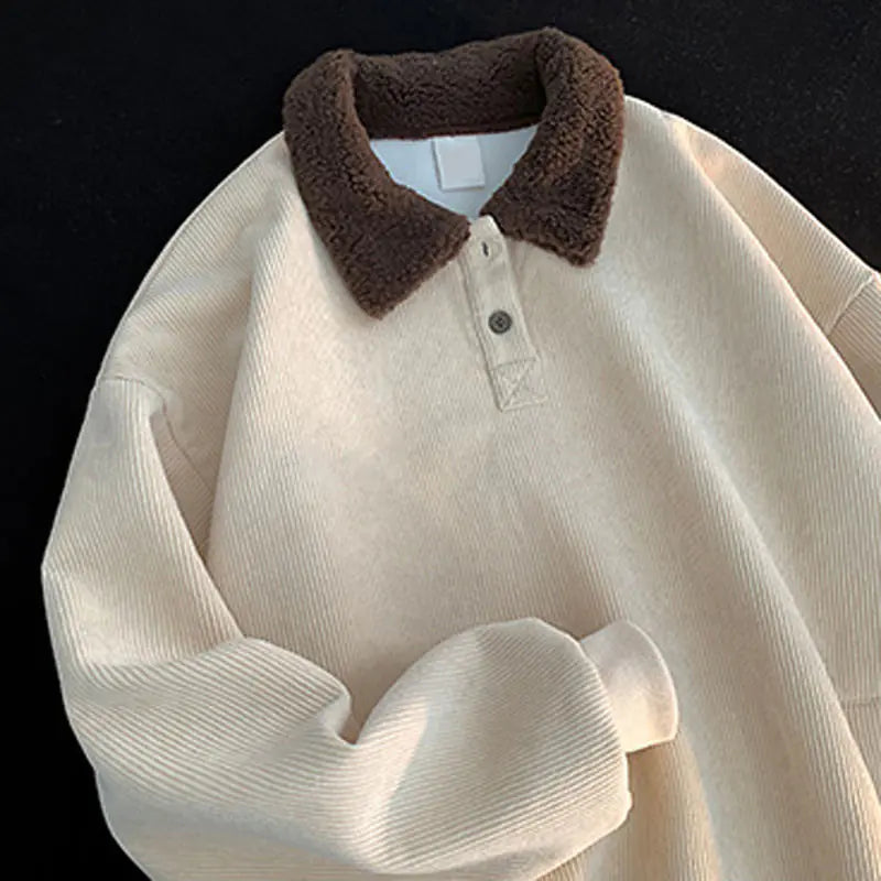 Women's Corduroy Pullover Sweater with Sherpa Collar Apricot