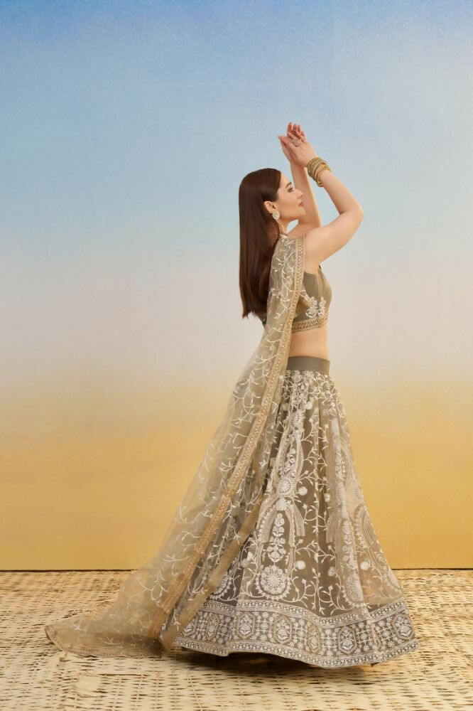 Ivory Butterfly Net Lehenga with Sequence and Thread Embroidery