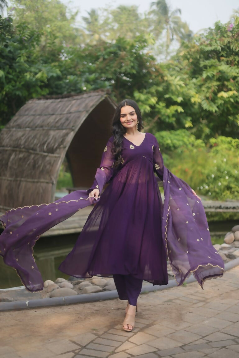Women's Wine Faux Blooming A-Line Embroidered Kurta Set with Dupatta