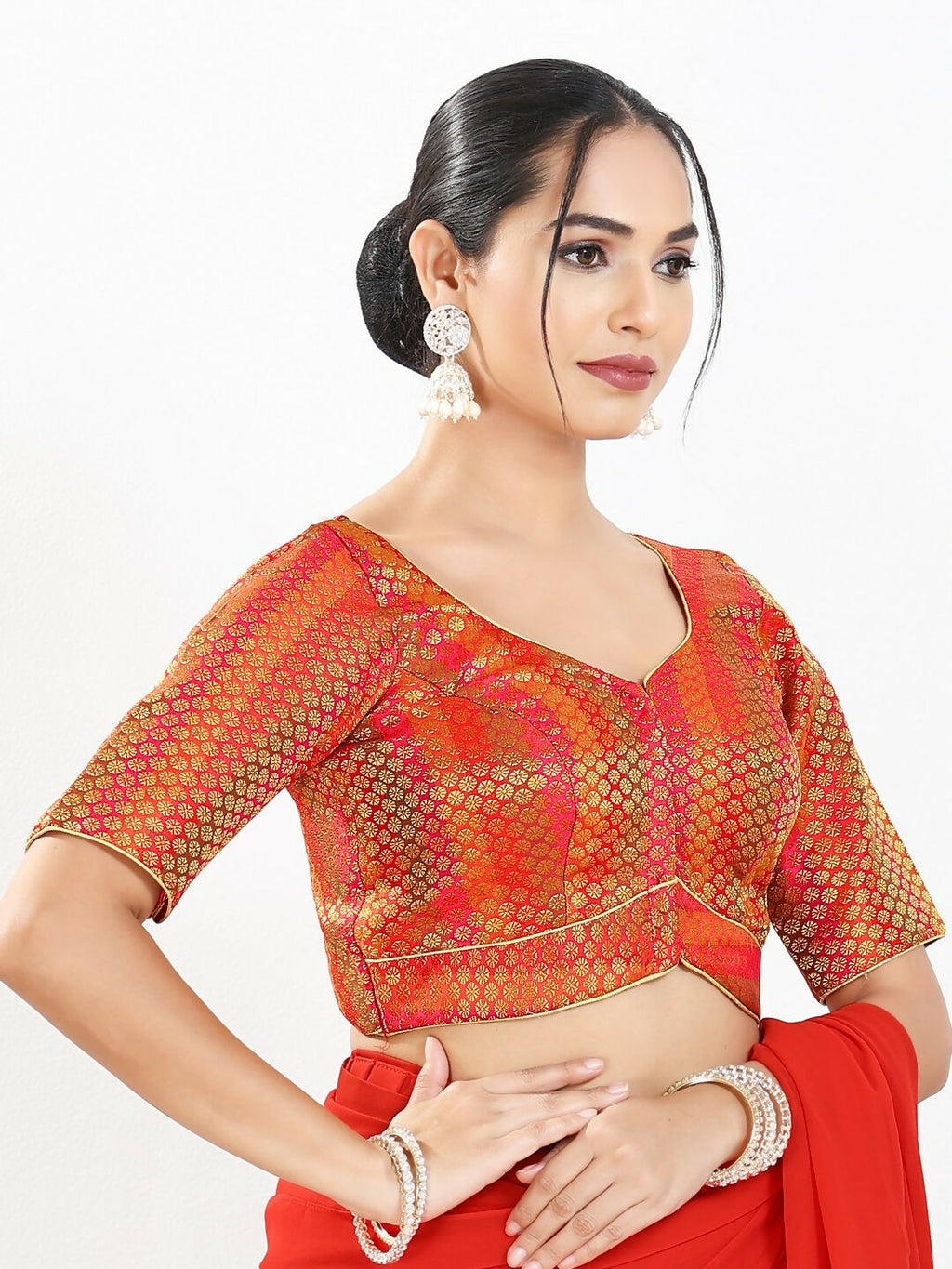 Joban Fashion Red Brocade Padded Blouse With Sweetheart Neck Elbow Sleeves