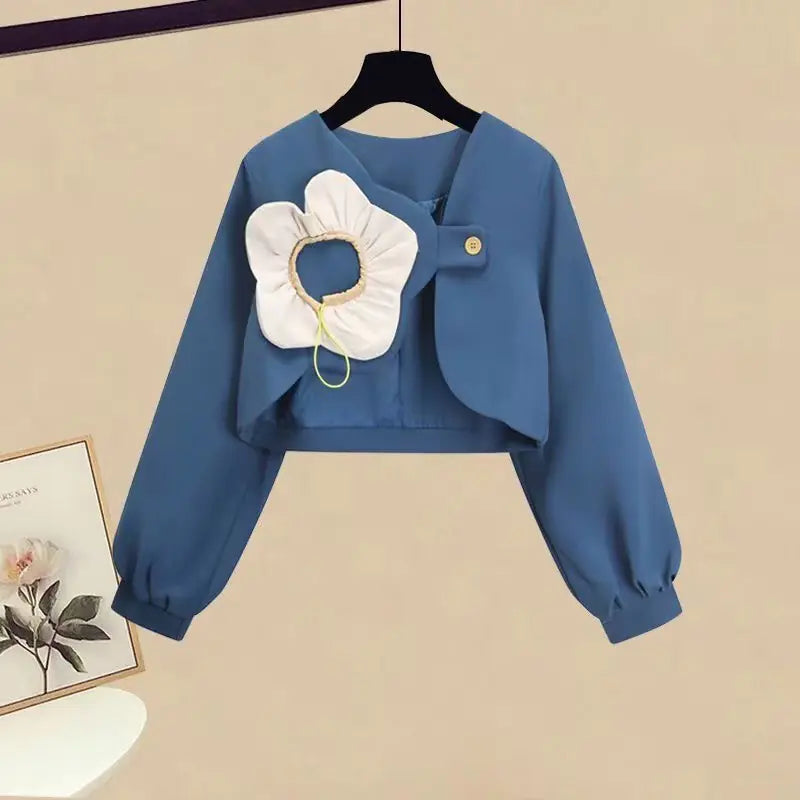 Women's Blue Cropped Jacket and White Suspender Dress Two-Piece Set - Image 4