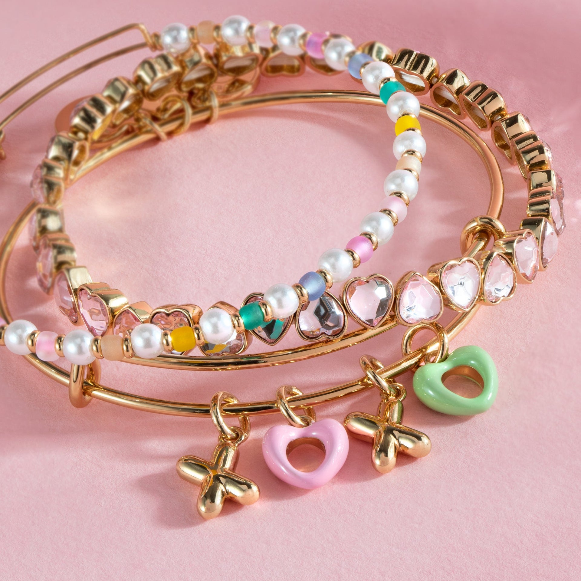 XOXO Bracelet Set of 3 with Crystal Hearts and Multicolor Beads