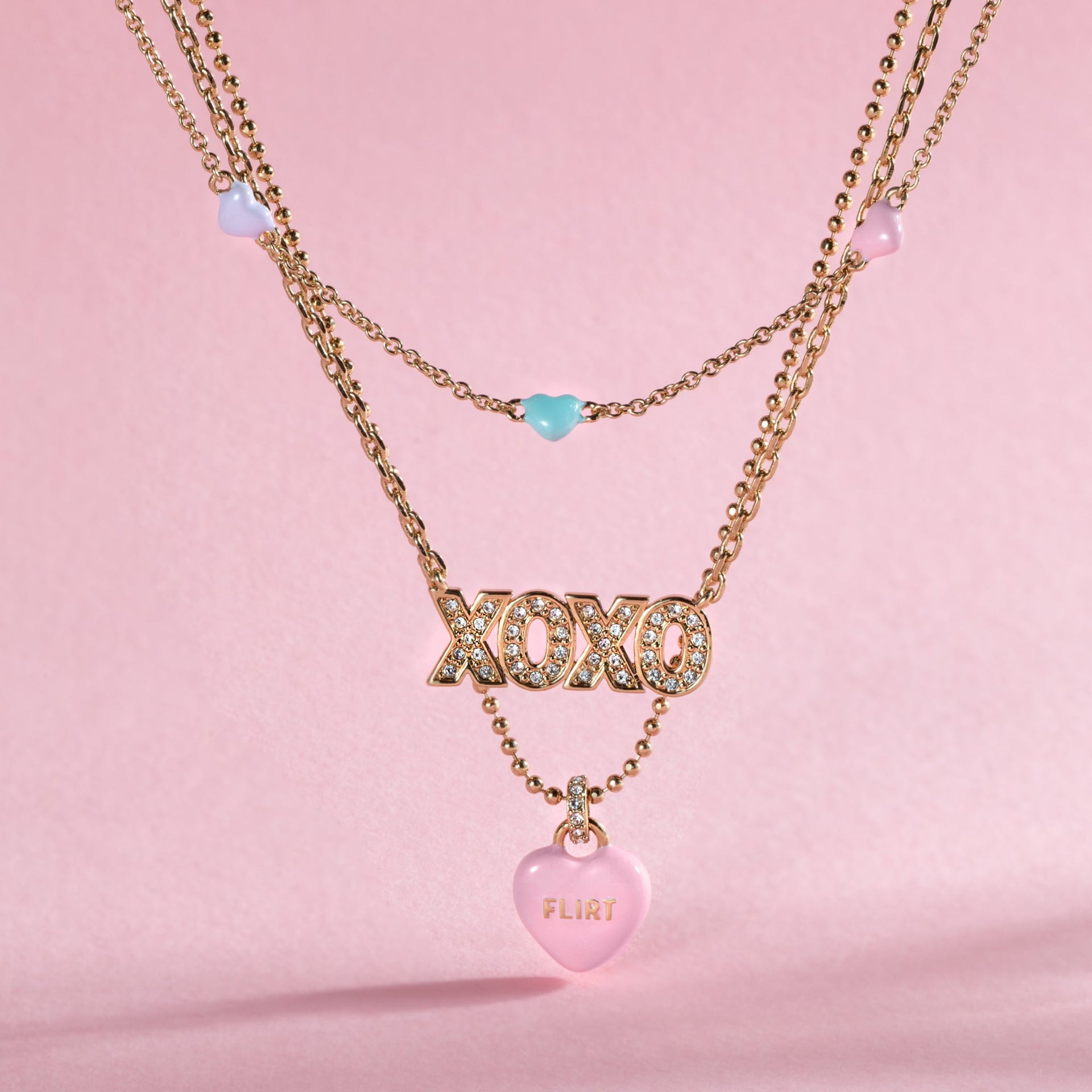 Triple-Strand Charm Necklace with Multicolored Heart Crystals