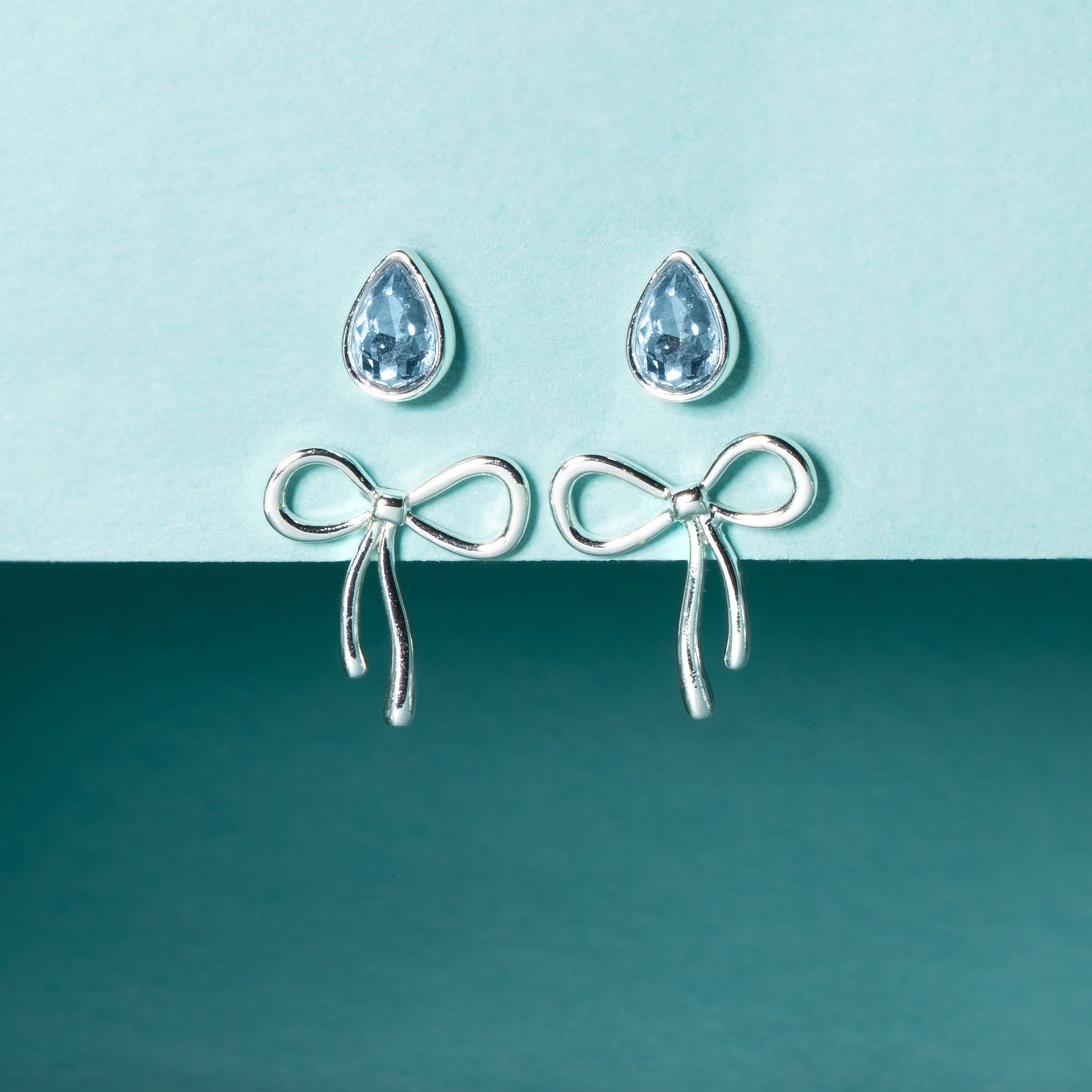 Bow & Teardrop Stud Earring Set in Gold, Silver, and Blue