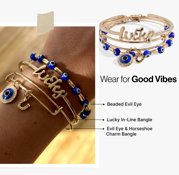 Evil Eye Bangle Set of 3 with Lucky and Horseshoe Charms