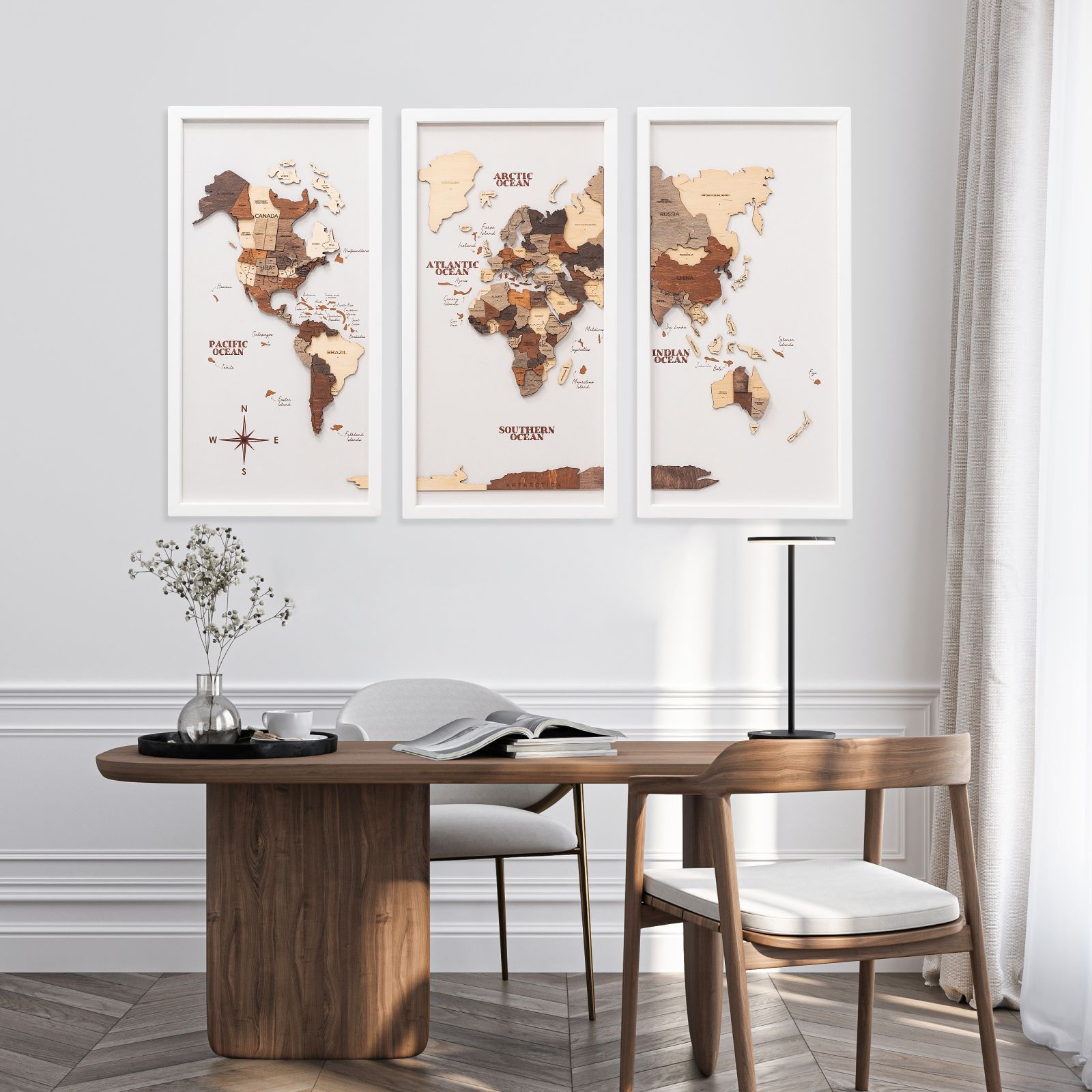 3D Wooden Triptych World Map Multicolor Modern Wall Art