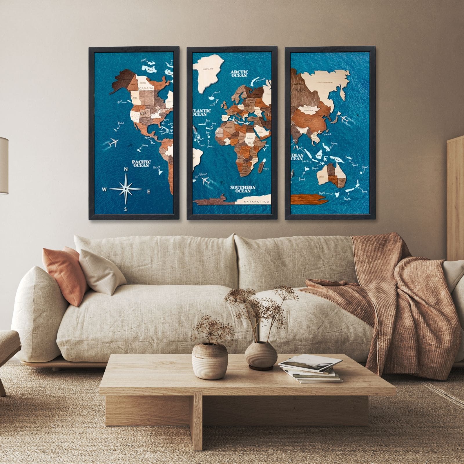 3D Wooden Triptych World Map Multicolor Modern Wall Art