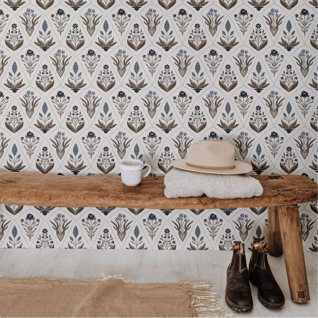 Alexandra Floral Wallpaper in Dark-Purple, Sage-Green, Terracotta