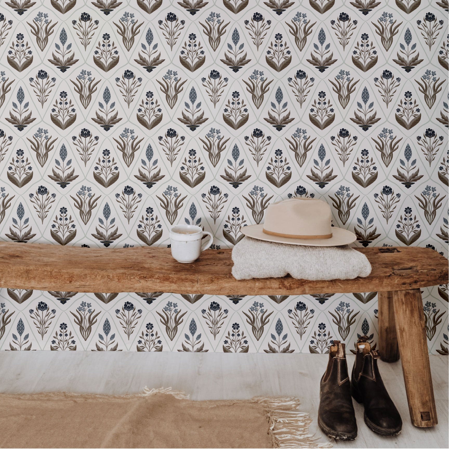 Alexandra Floral Wallpaper in Dark-Purple, Sage-Green, Terracotta