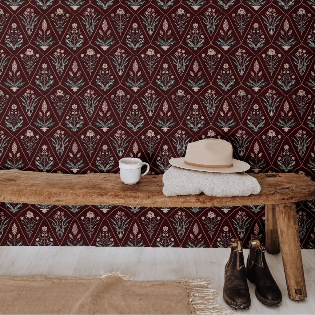 Alexandra Floral Wallpaper in Dark-Purple, Sage-Green, Terracotta
