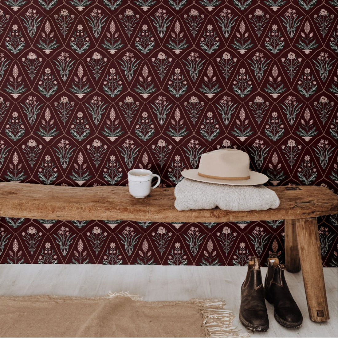 Alexandra Floral Wallpaper in Dark-Purple, Sage-Green, Terracotta