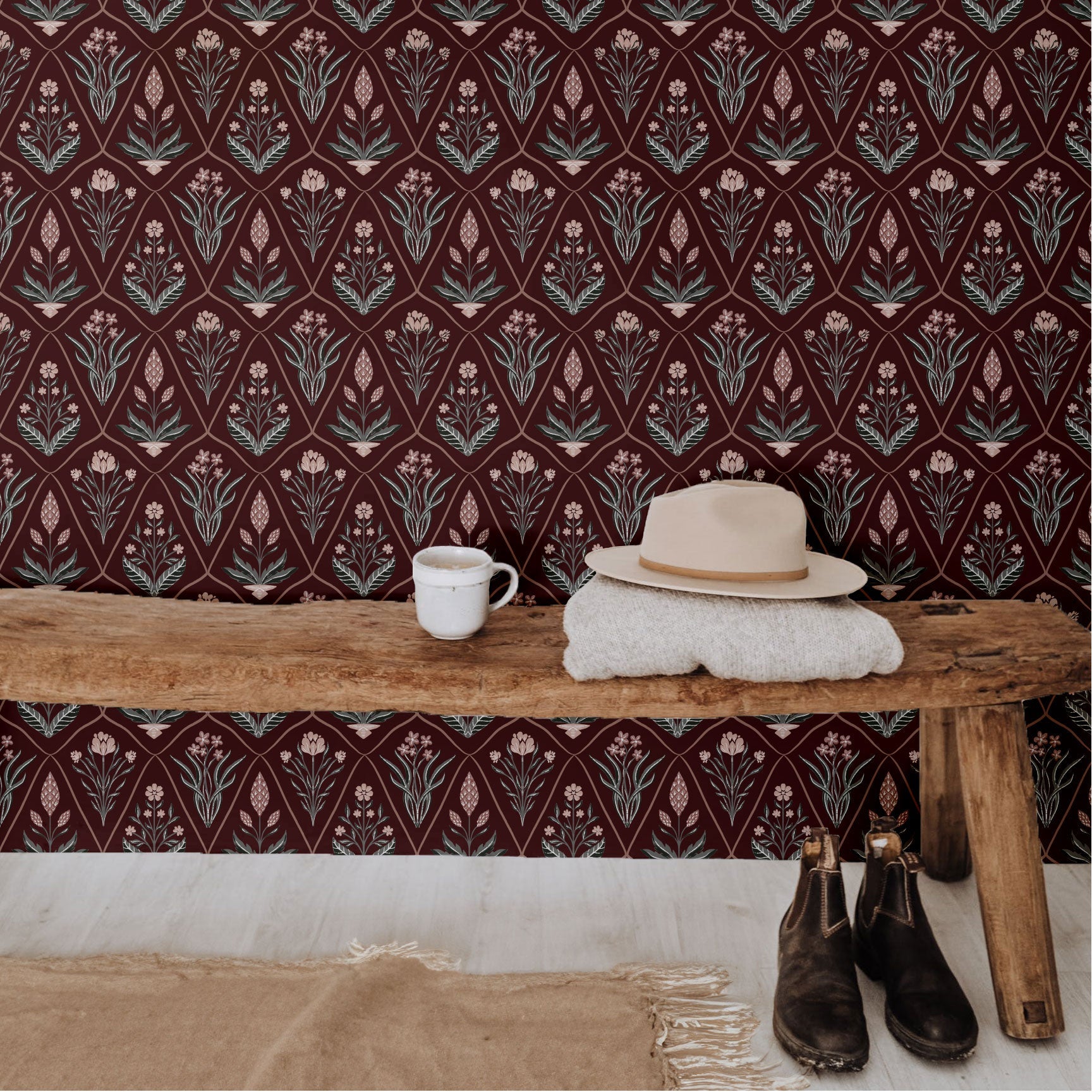 Alexandra Floral Wallpaper in Dark-Purple, Sage-Green, Terracotta