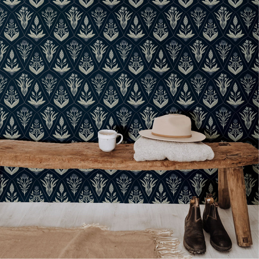 Alexandra Floral Wallpaper in Dark-Purple, Sage-Green, Terracotta