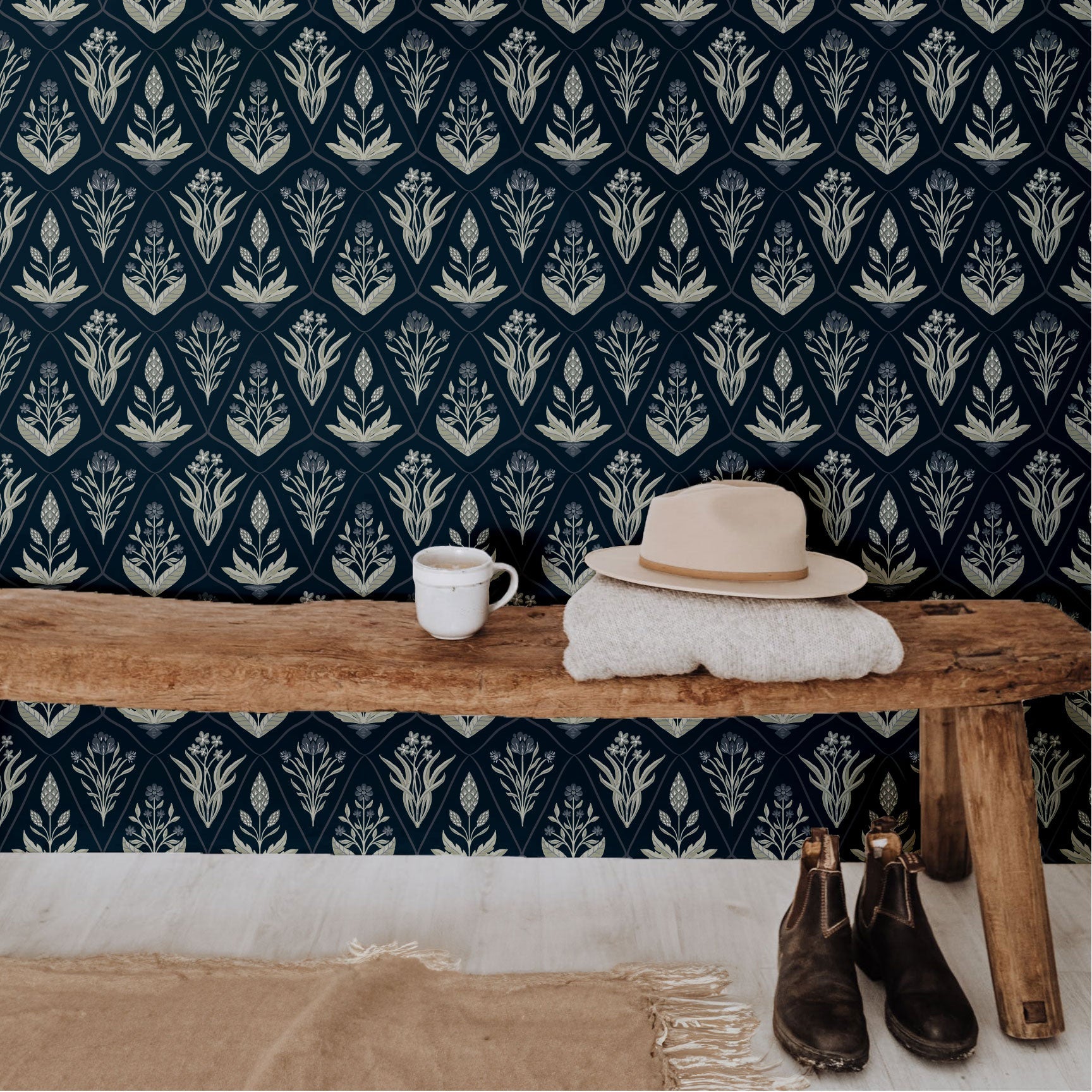 Alexandra Floral Wallpaper in Dark-Purple, Sage-Green, Terracotta