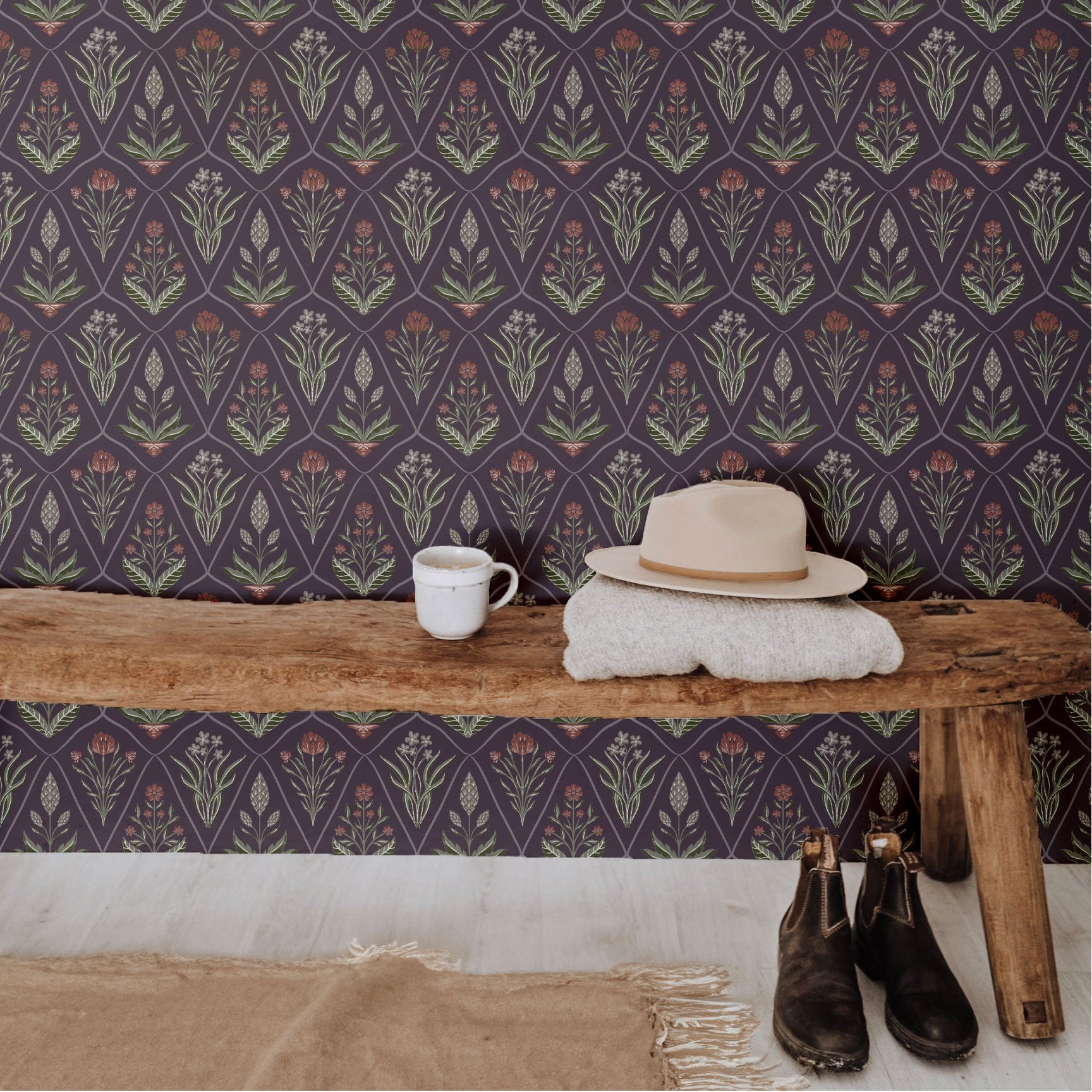 Bohemian floral wallpaper pattern in dark-purple, sage-green, and terracotta colors.