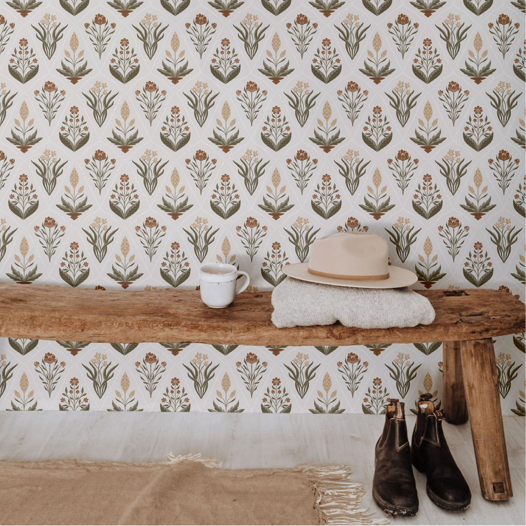 Alexandra Floral Wallpaper in Dark-Purple, Sage-Green, Terracotta