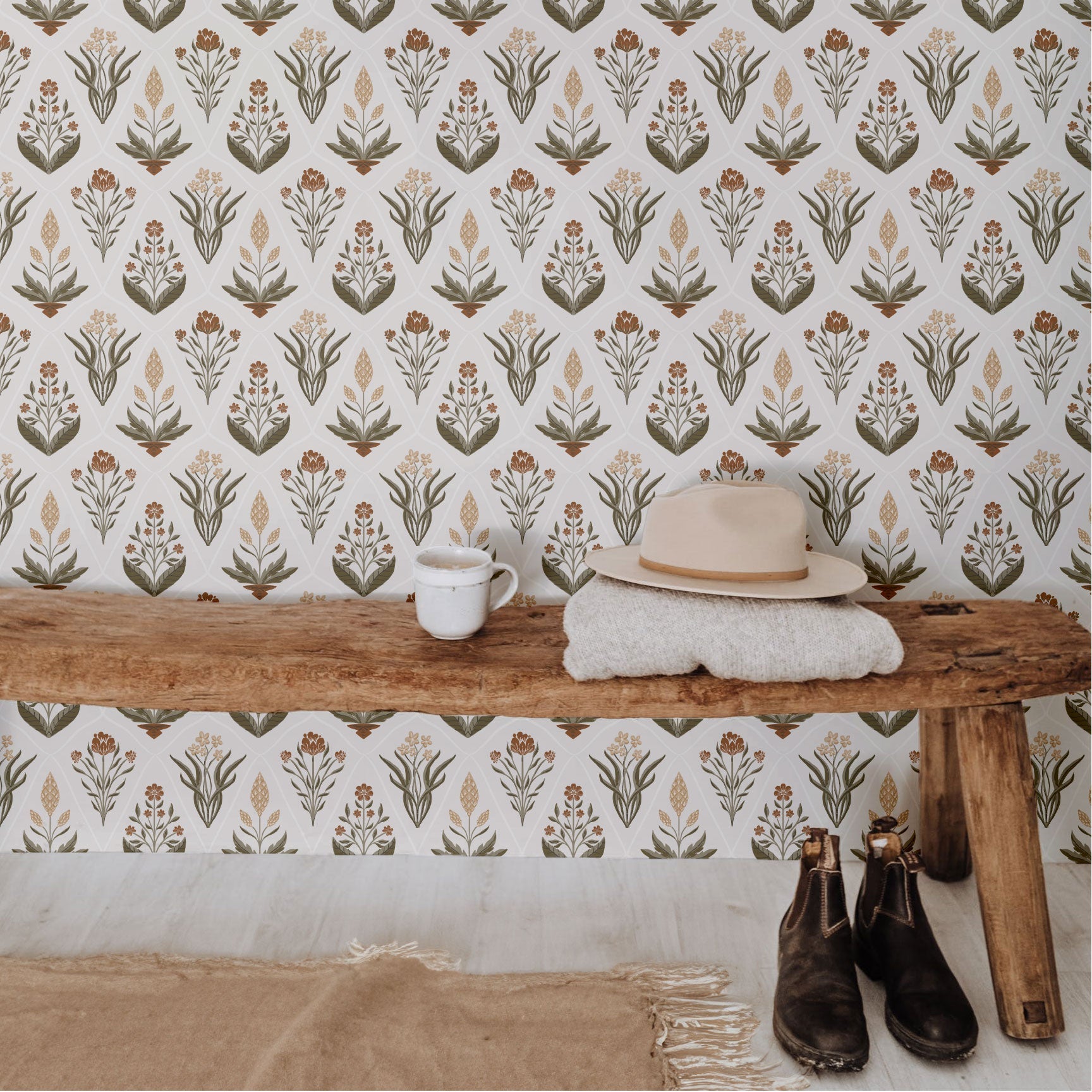 Alexandra Floral Wallpaper in Dark-Purple, Sage-Green, Terracotta