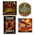 True Jersey 4-Pack vinyl sticker bundle featuring red, green, and gold gothic-style designs on a clean background.