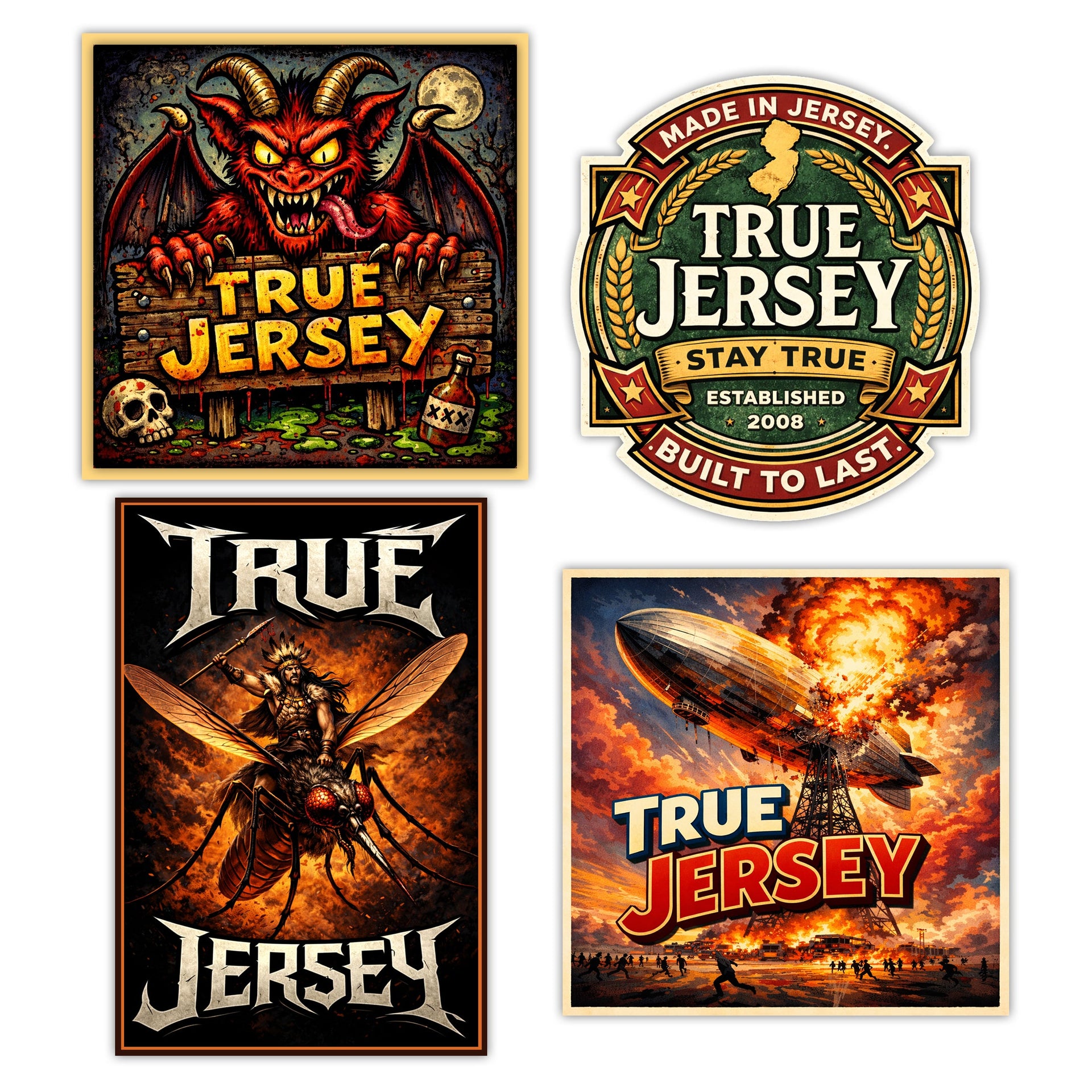 True Jersey 4-Pack vinyl sticker bundle featuring red, green, and gold gothic-style designs on a clean background.