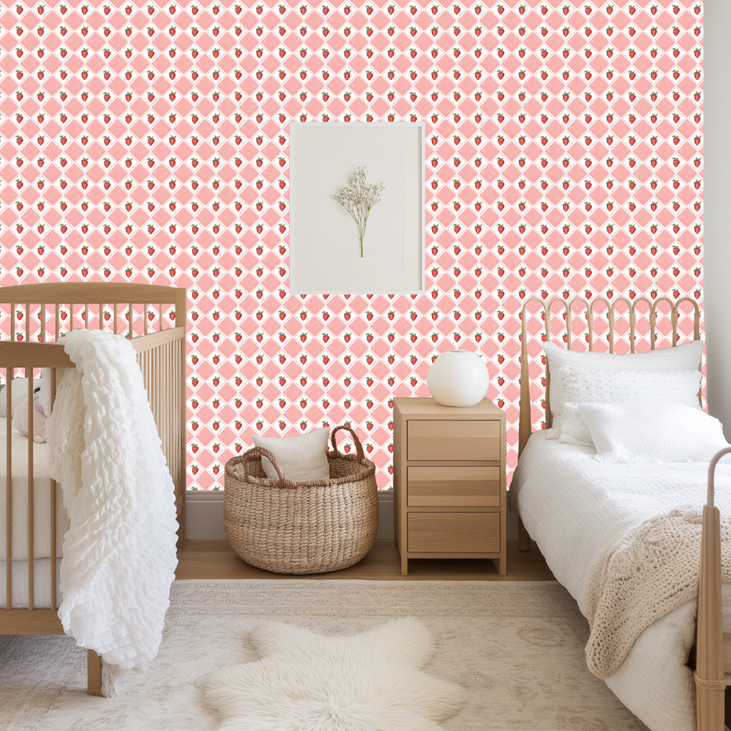 Fresa Geometric Wallpaper in Pink, White, Red and Green