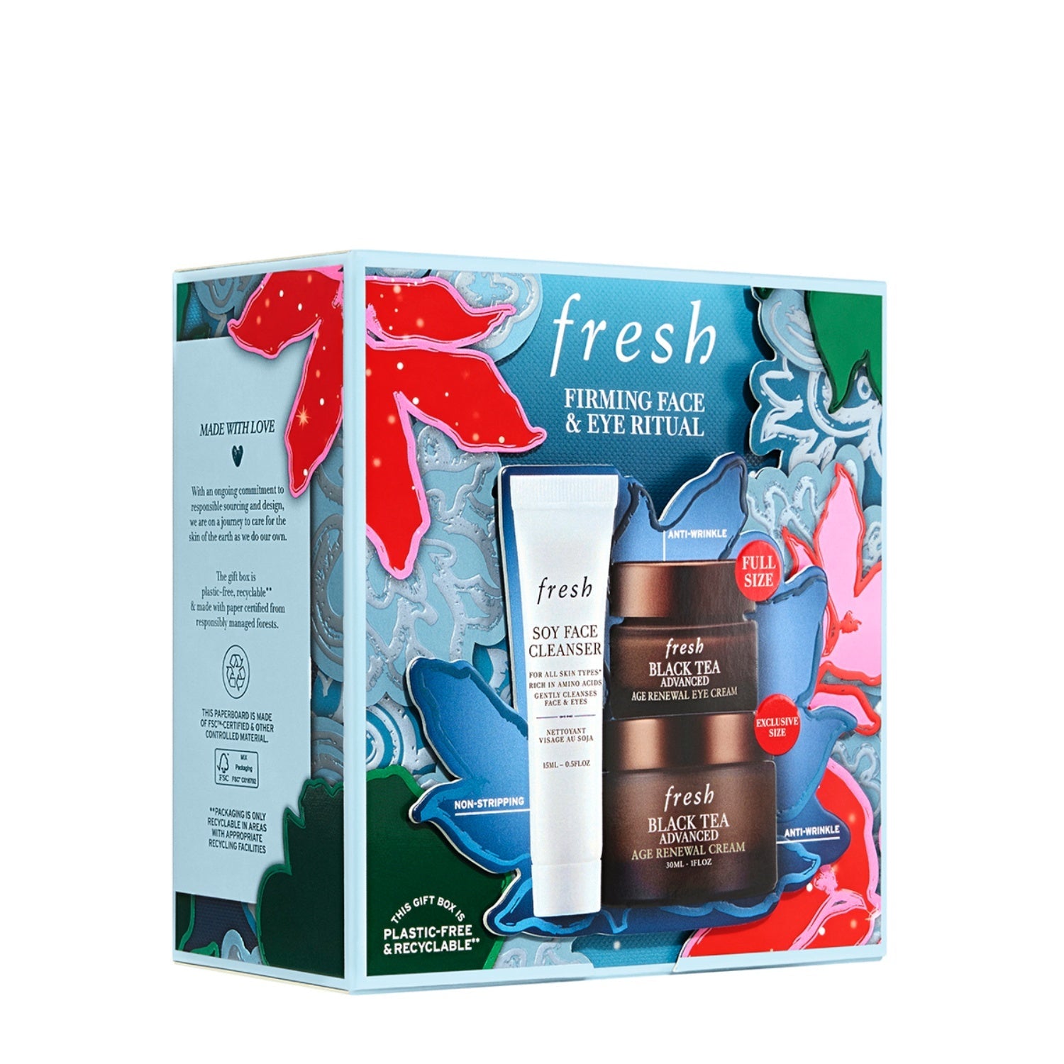 Fresh Firming Face & Eye Ritual gift set box in blue, red, and green