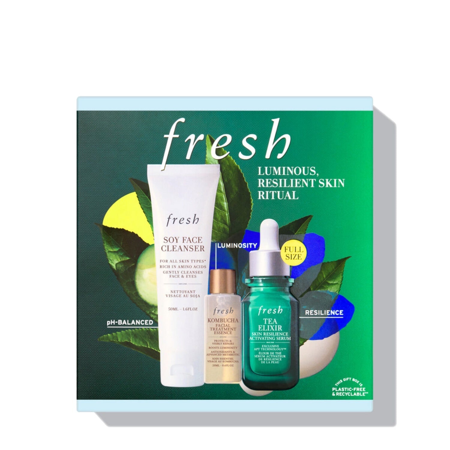 A 3-piece Fresh Luminous, Resilient Skin Ritual Set featuring skincare bottles and jars for a radiant glow.