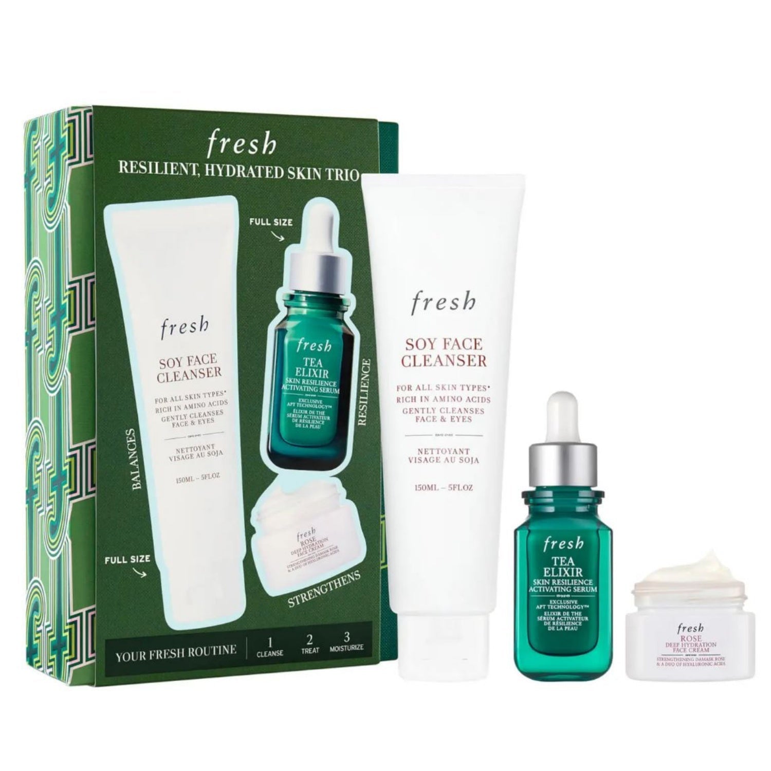 Fresh Hydration Boost Trio skincare set including Soy pH-Balanced Hydrating Face Wash
