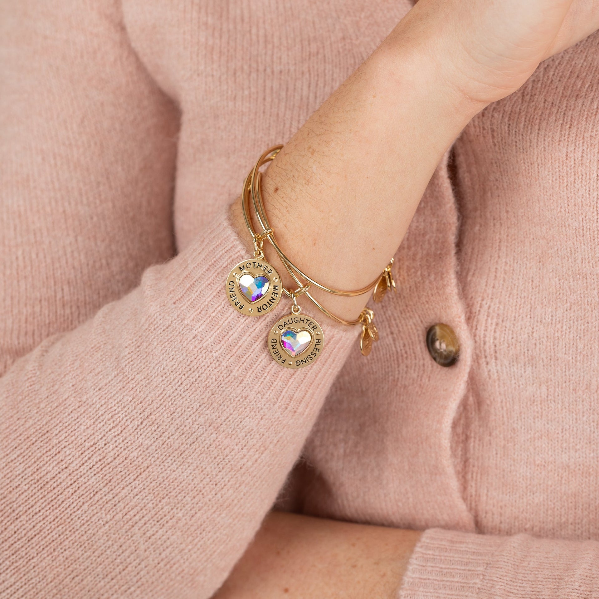 Mother Daughter Heart Charm Bangle Set of 2