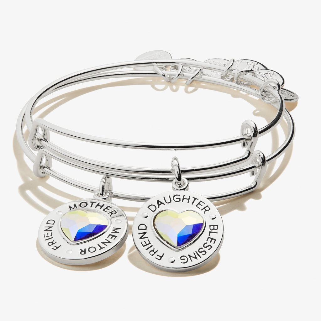 Set of two mother daughter heart charm bangles in a classic metal finish