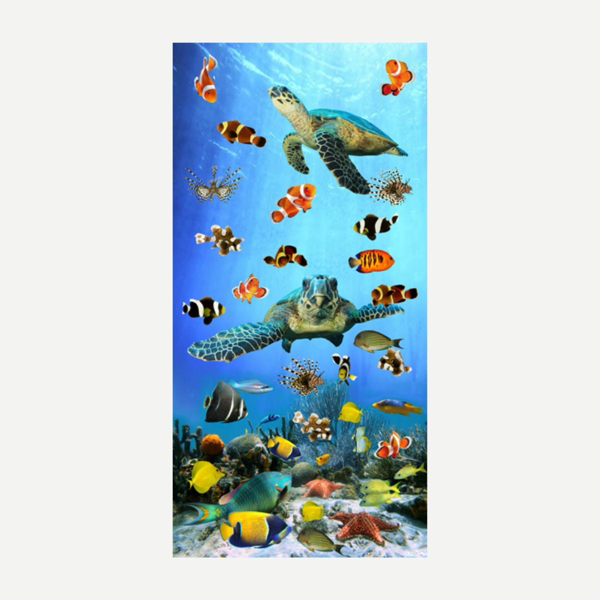 A colorful beach towel featuring a vibrant underwater scene with sea turtles, clownfish, and various coral reef creatures.