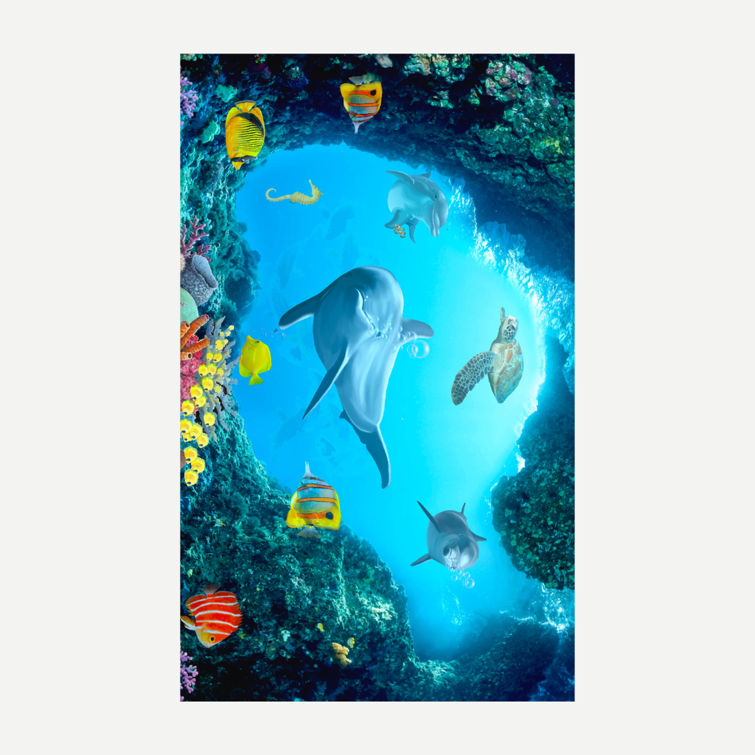 Friendly Swim Beach Towel with a vibrant underwater ocean scene featuring dolphins, turtles, and colorful fish