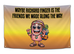 Richard Finger festival flag with sunset gradient background and text referencing rave friendships.