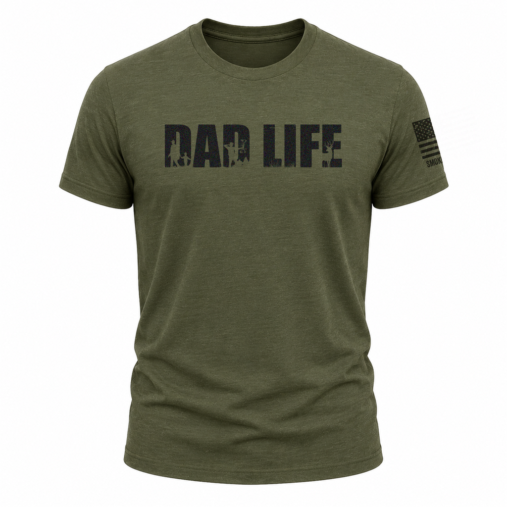 Dad Life Hunting Tee with American Flag Sleeve Print - Olive Green