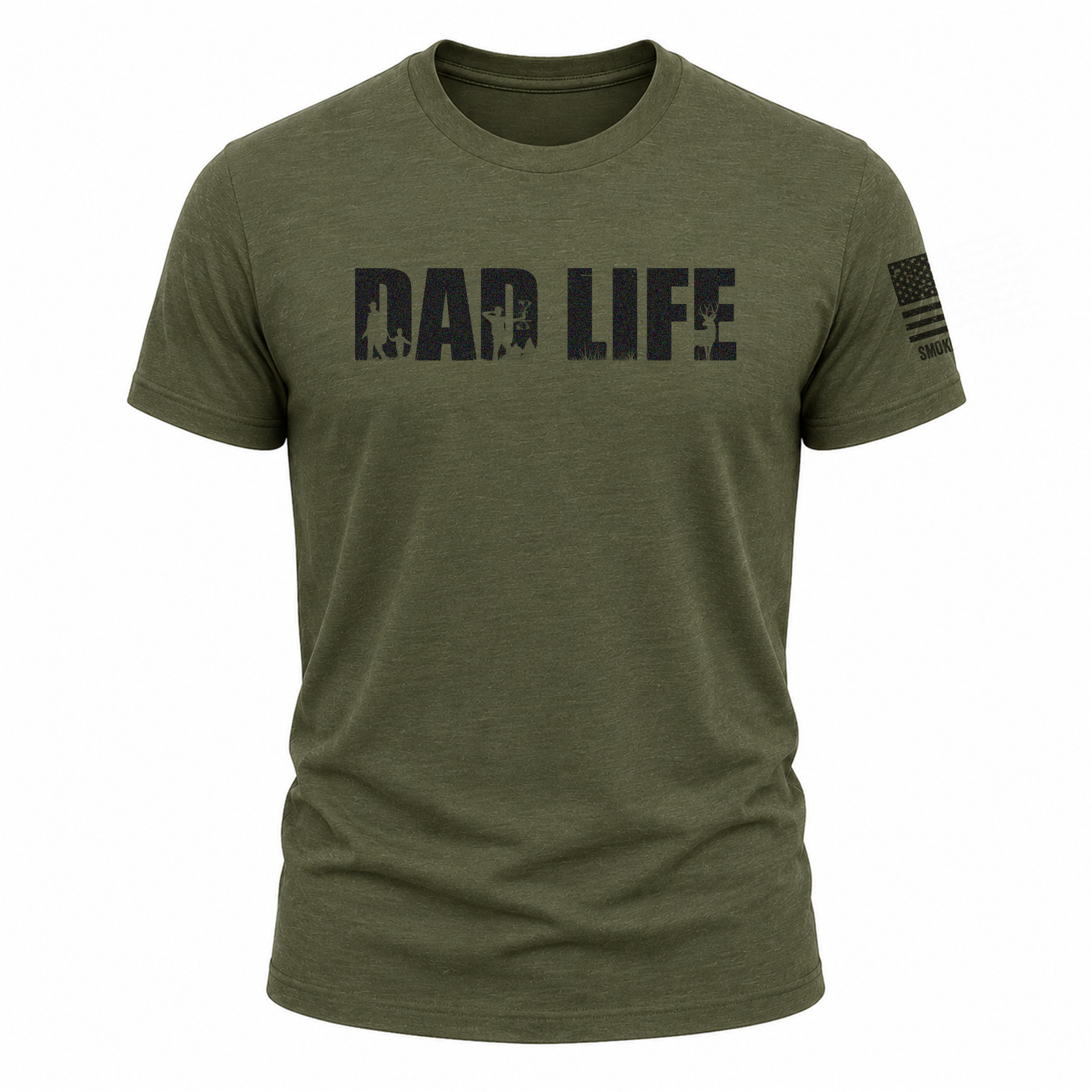 Dad Life Hunting Tee with American Flag Sleeve Print - Olive Green