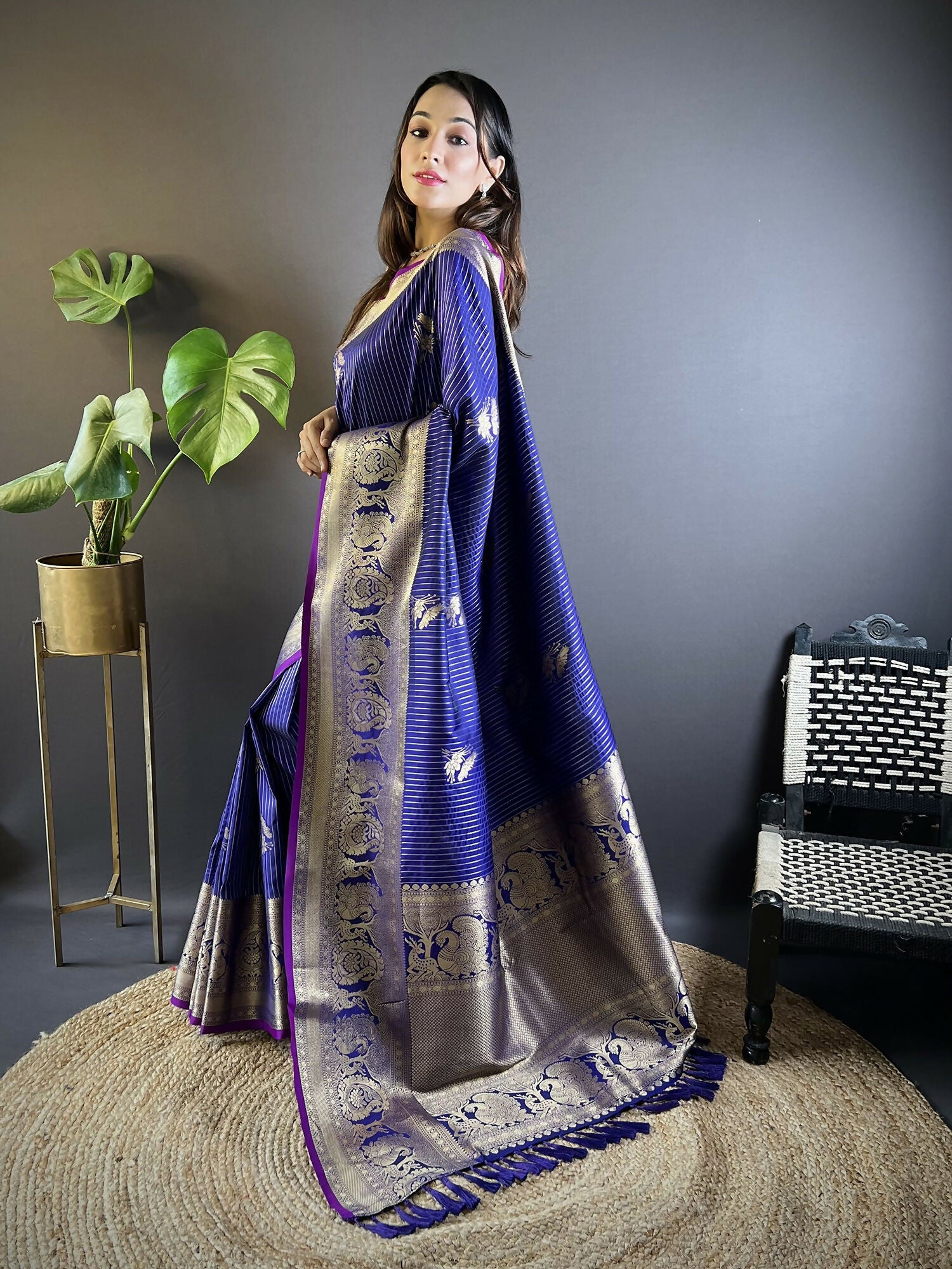 Royal Blue Leheriya Saree with Floral Motifs in Soft Silk