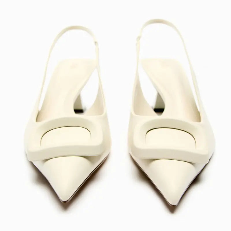 Women's Cream Pointed Toe Slingback Heels with Buckle Detail - Image 8