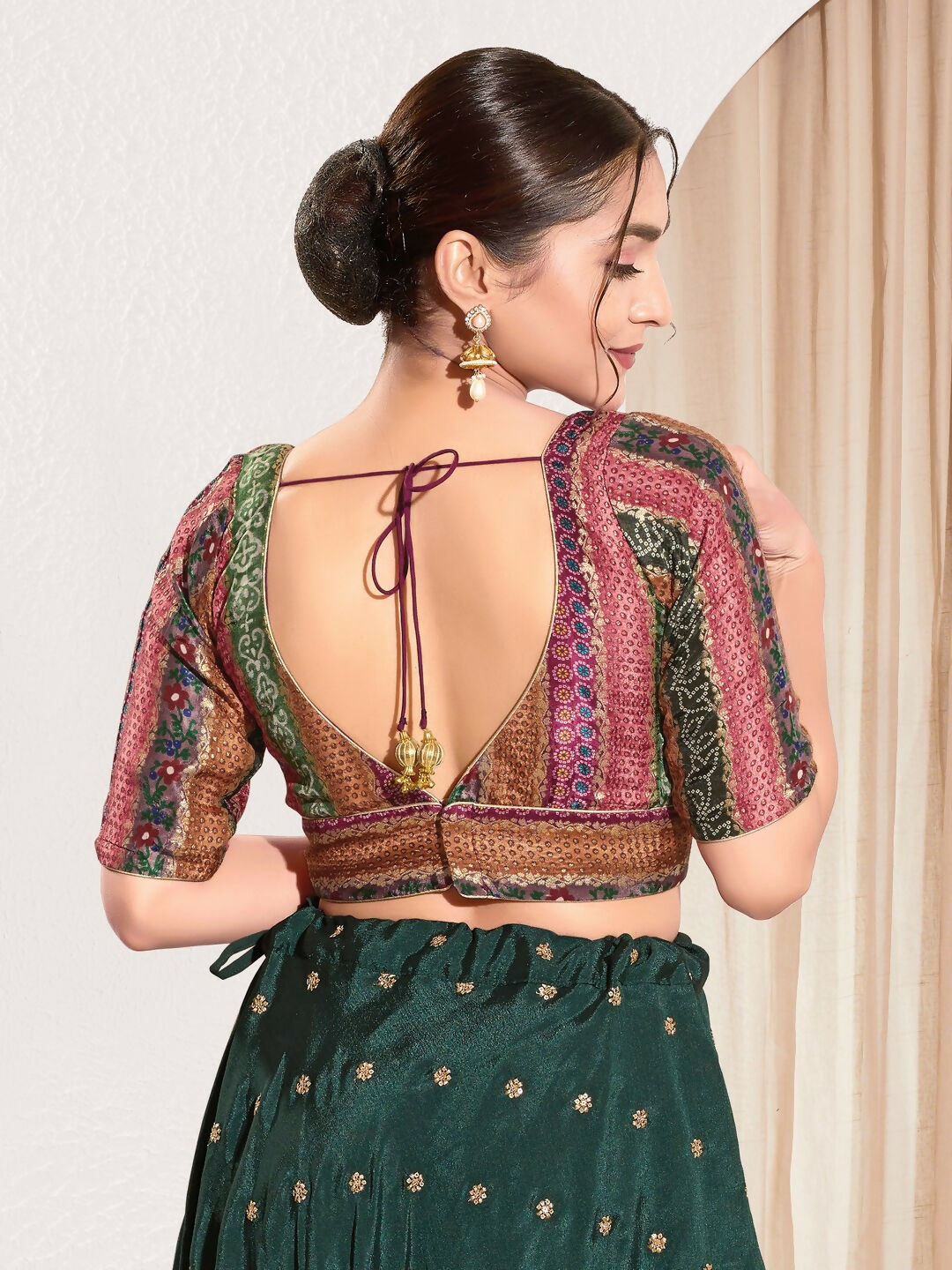 Magenta Brocade Padded Blouse with V Neck and Elbow Sleeves