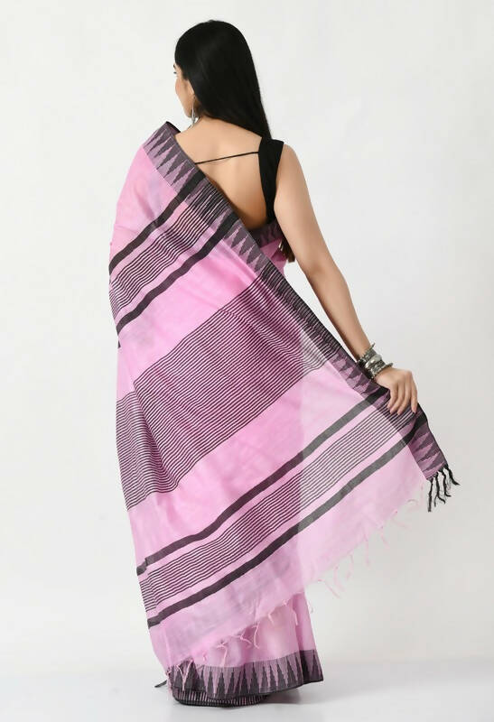 Baby Pink Bhagalpuri Handloom Silk Saree with Black Temple Border